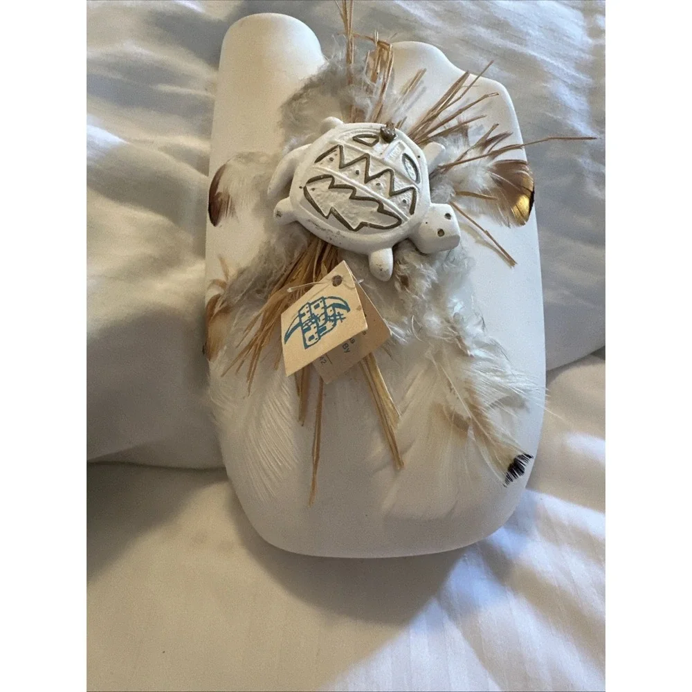 Vintage Adobe Moon White Ceramic Wedding Vase Double Spout Native Turtle Feather